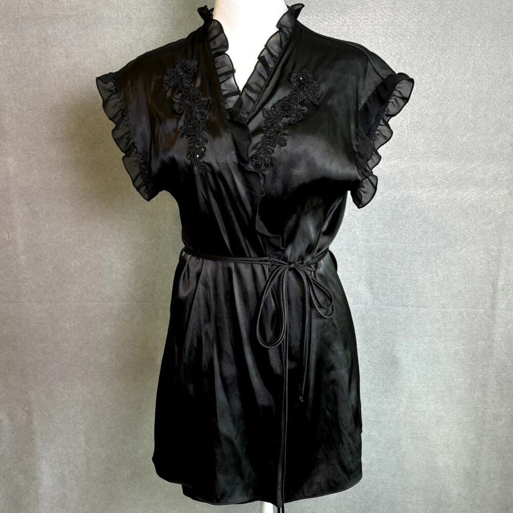 Linea Donatella Women's Black Ruffle Satin Robe Intimates, Lounge Wear S